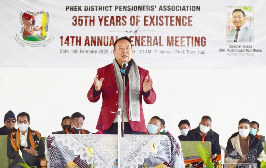 MLA Kukholuzo Nienu addressing the Phek District Pensioner’s Association 35 years of existence celebration at Phek Town hall on February 9. (DIPR Photo)